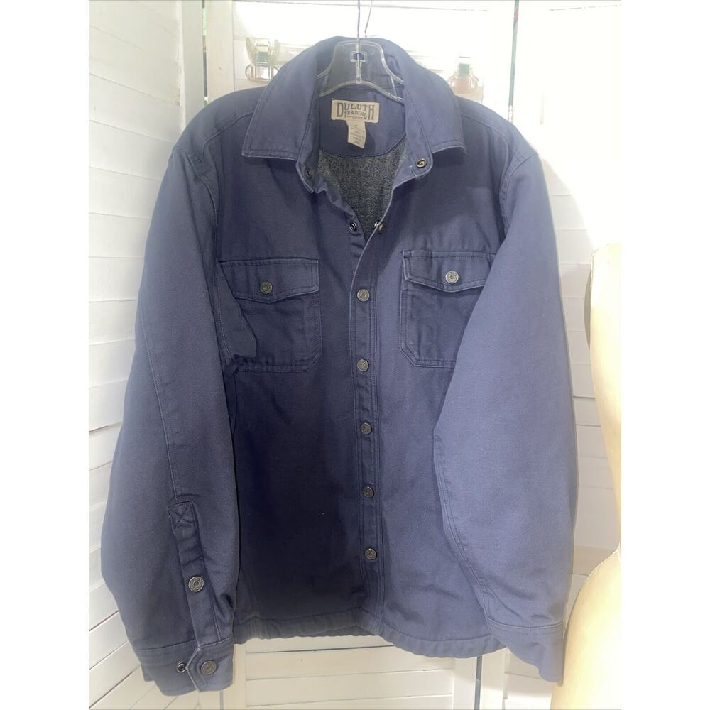 Duluth Trading Gray Denim Fleece Lined Barn Jacket Pockets Snaps Medium